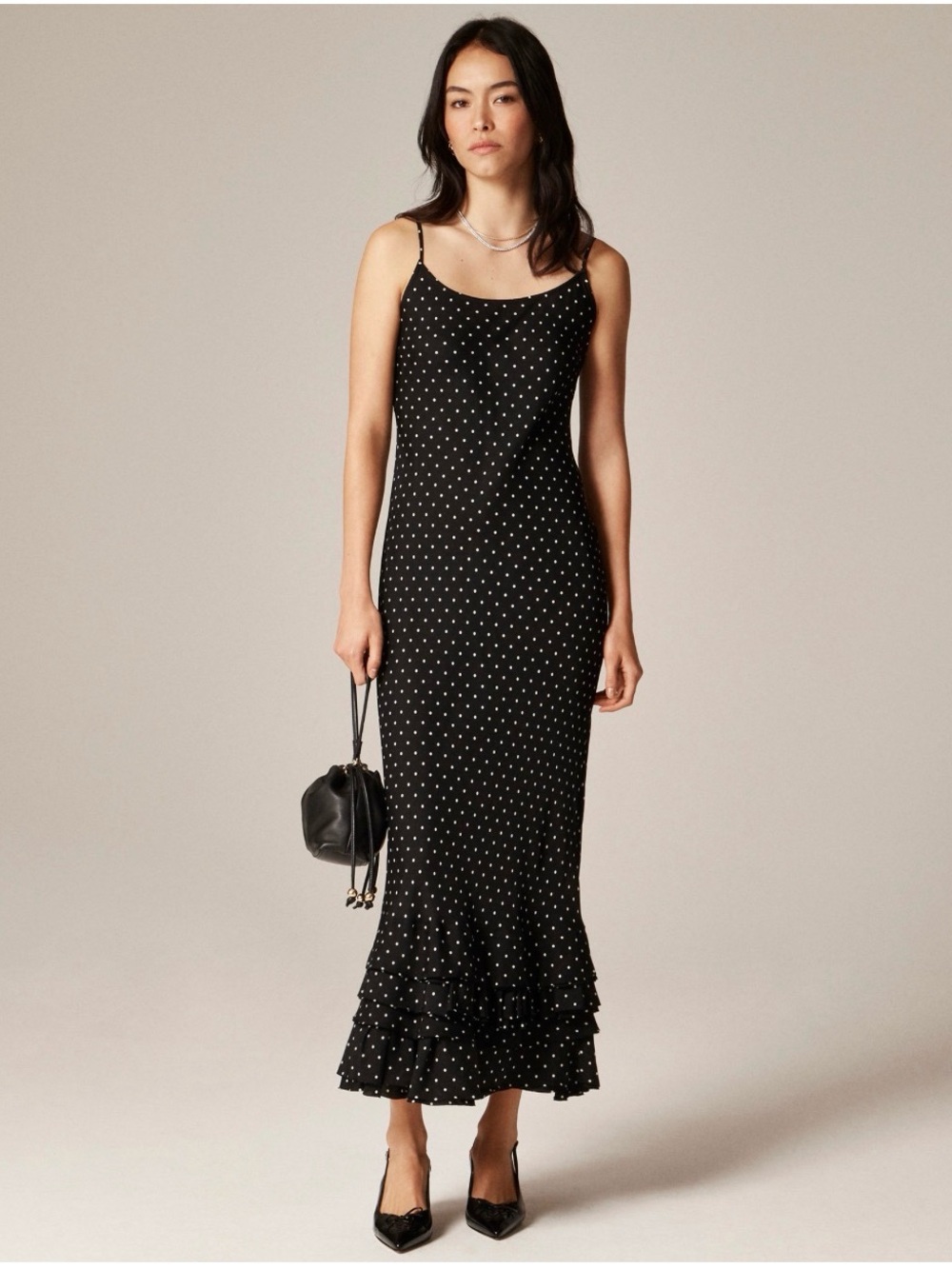 J crew Black Ruffle-hem slip dress in dot print